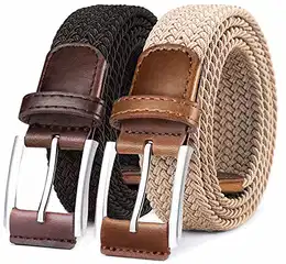 Elastischer Flechtgürtel 2er, Gürtel Herren Damen Stoffgürtel Geflochten Stretchgürtel Golfgürtel 35mm(Schwarz/Beige-115cm/36-40 taille verstellbar)