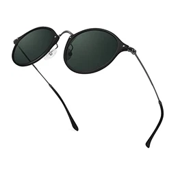 Polarisierte Runde Sonnenbrille für Herren und Damen, Klassischer Leichtmetall Rahmen Retro Sonnenbrille mit UV400 Schutz (Schwarz Grün)