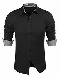Herren Hemd Leinen Slim fit Langarmhemd mit Kariertes Kragen Leinenhemd Shirt Schwarz M