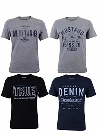 4er Pack Herren T-Shirt mit Frontprint und Rundhalsausschnitt - Farbmix Blau, Schwarz, Grau und Weiß, Größe:M, Farbe:Farbmix (P14)
