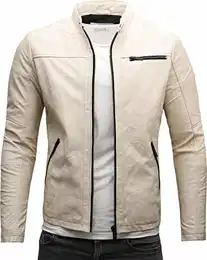 Epic Herren Lederjacke Cleane Leichte Basic Echtleder Jacke (M, Elfenbein (Schafsleder))