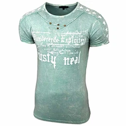 Herren Rundhals Vintage T-Shirt Kurzarm Slim Fit Design Fashion Top Print Shirt 15192, Farbe:Mint, Größe:2XL