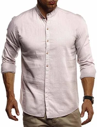 Herren Leinenhemd Hemd Leinen Kurzarm T-Shirt Oversize Stehkragen Männer Freizeithemd Sommerhemd Regular Fit Jungen Basic Shirt Kurzarmshirt Freizeit Sweater LN3860 Beige Medium