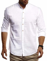 Herren Leinenhemd Hemd Leinen Kurzarm T-Shirt Oversize Stehkragen Männer Freizeithemd Sommerhemd Regular Fit Jungen Basic Shirt Kurzarmshirt Freizeit Sweater LN3860 Weiss Medium
