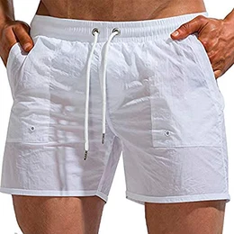 Badeshorts Herren Badehose einfarbig mit Hosentasche Gummiband atmungsaktiv für Strand, Weiß M (Tailleumfang 81-86cm) (Tag XL)
