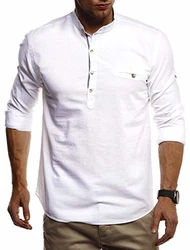 Leif Nelson Herren Leinenhemd Hemd Kurzarm T-Shirt Oversize Stehkragen (LN3865) Weiss (LN3865)