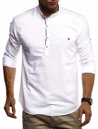 Herren Leinenhemd Hemd Leinen Kurzarm T-Shirt Oversize Stehkragen Männer Freizeithemd Sommerhemd Regular Fit Jungen Basic Shirt Kurzarmshirt Freizeit Sweater LN3865 Weiss Medium