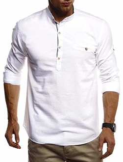 Leif Nelson Herren Leinenhemd Hemd Kurzarm T-Shirt Oversize Stehkragen (LN3865) Weiss (LN3865)