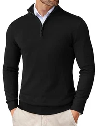 Herren Rollkragenpullover 1/4 Zip Neck Stehkragen Pullover Rollkragen Strickpullover Winterpullover Warm Pulli Stehkragen Pullover Troyer Slim Fit Pullover Schwarz M