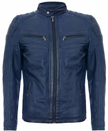 Herren Vintage Gesteppte Navy Blau Leder Bikerjacke Racing mit Reißverschluss M