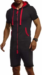 Herren Kurze Jumpsuit für Sommer Kurze Hose Kurzarm Overall Onesie Männer T-Shirt Kapuze Sommerjumpsuit Schlafanzug kurzer Jogginganzug Trainingsanzug LN8313; Größe L; Schwarz-Rot