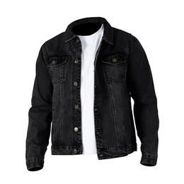 Herren Verwachenes Design Denim Trucker Jacke Jeansjacke (Noir, L)