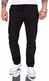 Herren Leinen-Optik Hose Stoffhose Sommerhose Regular Fit Chino Hosen Männer Hose Gummizug Herrenhosen Lang Strandhose RC-2152 Schwarz W32 L32