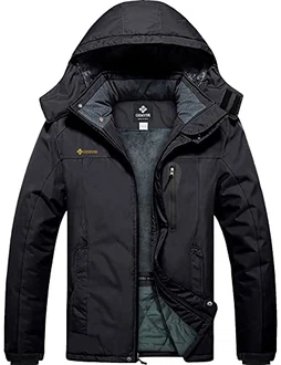 GEMYSE Wasserdichte Skijacke für Herren Winddichte Fleece Outdoor Winterjacke mit Kapuze Pures Schwarz