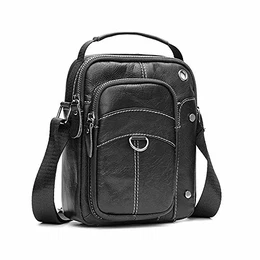 BAGZY Herren Schultertasche Jahrgang Kleinbetrieb Handtasche Echt Leder Umhängetasche Handy Sling Crossbody Reisetasche Für Pack Brieftasche Geldbörse Schwarz