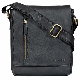''''Easton'''' Kleine Messenger Bag Leder Schwarz Vintage Umhängetasche im Hochformat 10,1 Zoll Tablet Tasche für iPad DIN A5 Schultertasche Echtleder