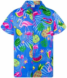 Funky Hawaiihemd, Kurzarm, Flamingos Melonen, Indigoblau, M