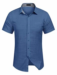 Herren Hemd Kurzarm Langarm Leinenhemd aus Baumwollmischung Kariert Sommer Freizeit Men´s Shirt (M, Blau)