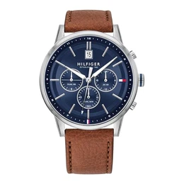 Herren Multifunktions-Quarzuhr mit 44 mm - Marineblaues Zifferblatt, Heller Braun Lederarmband, 3 Unterzifferblätter, Wasserfest bis 5ATM - 1791629