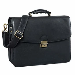 'Loris' Klassische Aktentasche Leder Groß Herren Businesstasche mit Schloss Vintage Bürotasche Aufsteckbar, Farbe:schwarz