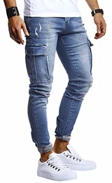 Herren Jogger Jeans Cargo Hose Stretch Slim Fit Basic Denim Blaue Lange Jogg Jeanshose für Männer Jungen weiße Freizeithose Schwarze Chino Cargohose LN9445 Blau W32L32