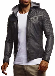 Herren Kunst-Lederjacke schwarz Kapuze Slim Fit Übergangsjacke Sommer Winter Männer Freizeitjacke Kurze Biker-Jacke Freizeit gesteppt Jungen Kapuzen-Hoodie LN4062 Schwarz Medium