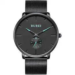 Herren Uhren ultradünnes schwarzes großes dial Blaue-Zeiger analoger Quarz mit schwarzem Edelstahl Armband