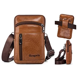 Herren Schultertaschen Leder, Umhängetasche Kleine Handytasche Männer Gürteltasche Vertikale Holster Hüfttasche mit Karabinerclip und Gürtelschlaufe für Handy (Braun)