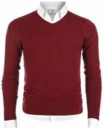 Herren Pullover V-Ausschnitt Langarmshirt Männer Strickpullover Weinrot M