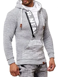 Kapuzenpullover Knitwear Strick Kapuzen Pullover Herren Zipper Grobstrick Strickpullover Langarm 277, Farbe:Grau, Größe:M