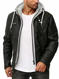 Herren Kunst- Lederjacke Kunstleder Bikerjacke mit Sweat- Kapuze 2in1 (M, Schwarz - Grau - Kunstleder)