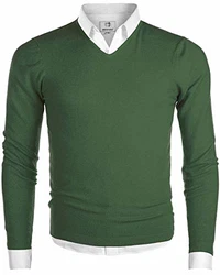 MOCOTONO Herren Pullover V-Ausschnitt Langarmshirt Strickpullover Grün