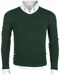 Herren Pullover V-Ausschnitt Langarmshirt Männer Strickpullover Dunkelgrün M