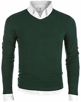 MOCOTONO Herren Pullover V-Ausschnitt Langarmshirt Strickpullover Dunkelgrün