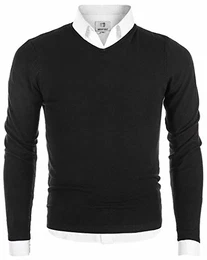 Herren Pullover V-Ausschnitt Langarmshirt Männer Strickpullover Schwarz M