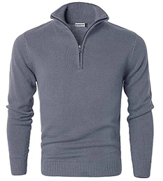 Garatia Herren Pullover Reißverschluss Stehkragen Zip Neck Langarm Baumwolle Feinstrick Pullover Sweatshirt Hellgrau M