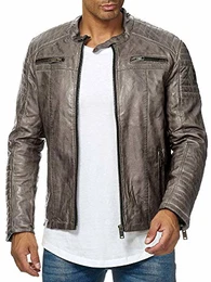 Herren Jacke Übergangsjacke Biker Lederjacke Echtleder Kunstleder Baumwolle mit gesteppten Bereichen (M, Dirty Grau - Kunstleder)