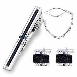 Shinning Galaxy Stone Manschettenknöpfe und Krawattenklammer-Set mit Geschenkbox und Grußkarte, Strip Galaxy Dark Blue Manschettenknöpfe und Krawattenklammer-Geschenkset für Herren