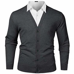 Herren Strickjacke Cardigan Mit V-Ausschnitt Aus Baumwolle, Dunkelgrau, M