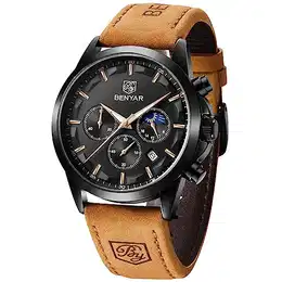 BENYAR Uhr Herren Chronograph Analogue Quartz Uhr Männer Business Schwarz Zifferblatt Leder Armbanduhr 30ATM Wasserdicht Date Armbanduhr
