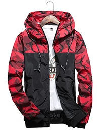 Herren Jacke Kapuzen Windbreaker Camouflage Zip-Hoodie Sportswear Laufjacke,Rot,S