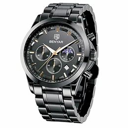 BENYAR Herrenuhr Chronograph Edelstahl Analoge Quarzuhr 30M wasserdichte Anti-Kratzer-Uhr Silver Date Business Watch