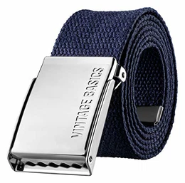 VINTAGE BASICS Unisex Stoffgürtel 130cm Lang - 3,8cm Breit - Herren und Damen Gürtel - stufenlos verstellbarer Canvas Belt - Metallschnalle Blau