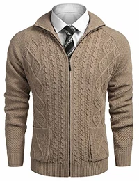 Herren Strickjacke mit Reissverschluss Grobstrick Pullover Jacke Stehkragen Cardigan Slim Fit Strickpullover Winter Khaki m