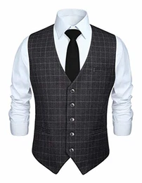 Manner Schwarz formale Hochzeitsfeier Weste Baumwolle Plaid graues Kleid Anzug Weste