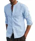 Fueri Herren Hemd Langarm Herren Leinenhemd Slim Fit Stehkragen Sommer Frühling Freizeit Modisch Oberteil Langarmshirt, D-Blau, M