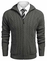 Strickjacke Herren Grobstrick Pullover Männer mit Reissverschluss Jacke Stehkragen Cardigan Slim Fit Winter Grau M