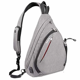 Leder Herrentaschen Brusttasche Schultertasche Sling Bag Crossbody Rucksack Mit USB Ladeanschluss Kopfhörer Loch Für Damen Herren Outdoor Sport Gym Wandern Radfahren (Grau)