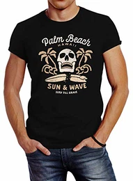 ® Herren T-Shirt Surf-Motiv Totenkopf Palm Beach schwarz M