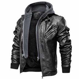 Lederjacke Herren Kunstlederjacke Abnehmbarer Kapuze Cargojacke Winterjacke Slim Fit(Black B M)